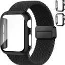 Braided Bands and Case for Apple Watch Bands for Women 40mm 44mm 46mm 42mm 45mm 41mm 38mm Men,Magnetic Nylon Sport Stretchy Solo Loop Elastic Strap with Cover for iWatch Series 11 10 9 8 7 6 5 4 3 SE (01-Black+Black)