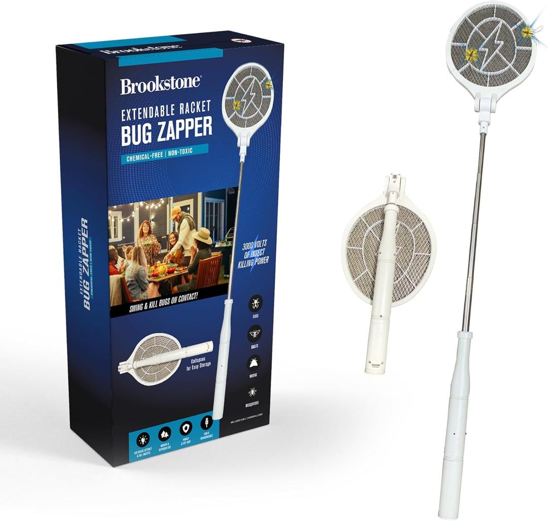 Brookstone Electric Bug Zapper Racket - 3000 Volt Stainless Steel Grid, Collapsible & Extendable Head, Chemical-Free & Non-Toxic Pest Control