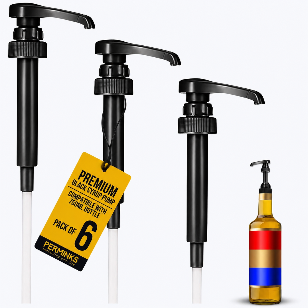 Premium Syrup Pump Compatible with Torani 750 ml Bottle, Davinci Syrups - No Spill, No Clog Syrup Pump Dispenser for Vanilla, Snow Cone, Blueberry, Coffee Flavoring & More (Pack of 6, Black)