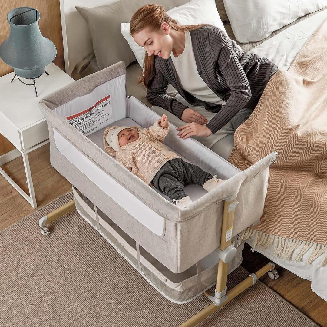 Baby Bassinet Bedside Sleeper, besrey Bedside Bassinet for Newborn Infant with Comfy Mattress, 9 Height Positions, Adjustable Bedside Crib with 360 Swivel Wheels Bassinet for Baby with Storage Basket (Warm Grey)
