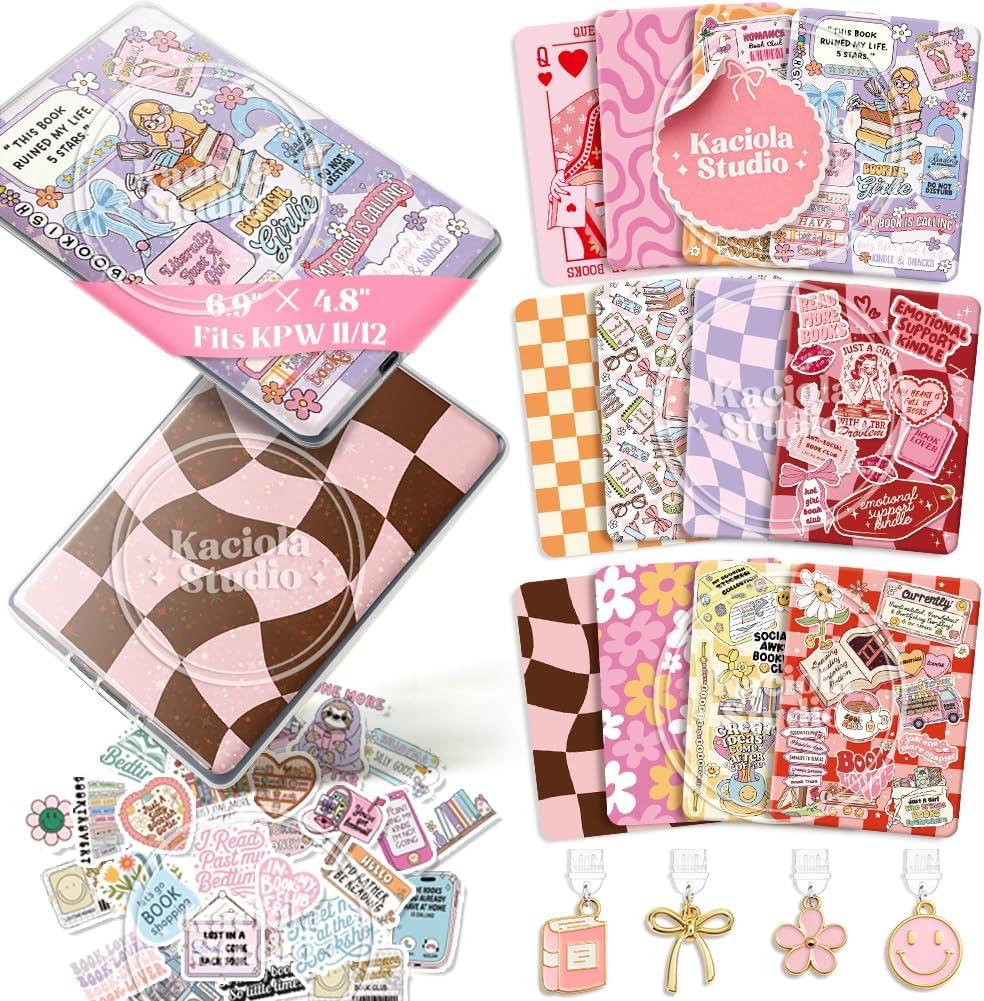 Kaciola 12PCS Inserts Cardstock for E-Reader, and 50PCS Scrapbook Sticker for Clear Case, 6.9"x4.8" Bookish Girlie Theme E-Reader Back Cover Insert Decorating Accessories for Paper White 11th-12th