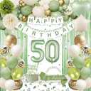 50th Birthday Decorations for Women, Sage Green 50th Bday Decorations for Her Happy Birthday Banner Green Gold Balloons Crown Sash Fringe Curtain Tablecloth Cake Topper for Her Bday Decor