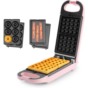 AROMA® Swap & Flip Waffle Maker with Removable Plates: 3-in-1 Panini Press, Mini Donut Maker, and Waffle Iron