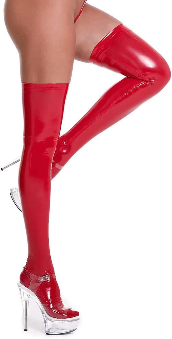 IDOPIP Women Shiny Metallic Long Gloves and PVC Wet Look Thigh High Stockings for Night Club Dance Dress up Halloween Costume (Large)