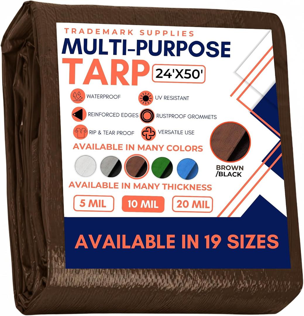 Large Waterproof Tarp - Heavy Duty 10 Mil Thick Poly Tarpaulin Ideal for Canopy Tents, Boats, RV or Pool Covers - Multipurpose Protective Tarps with Grommets for Indoor and Outdoor Use | 24' x 50'
