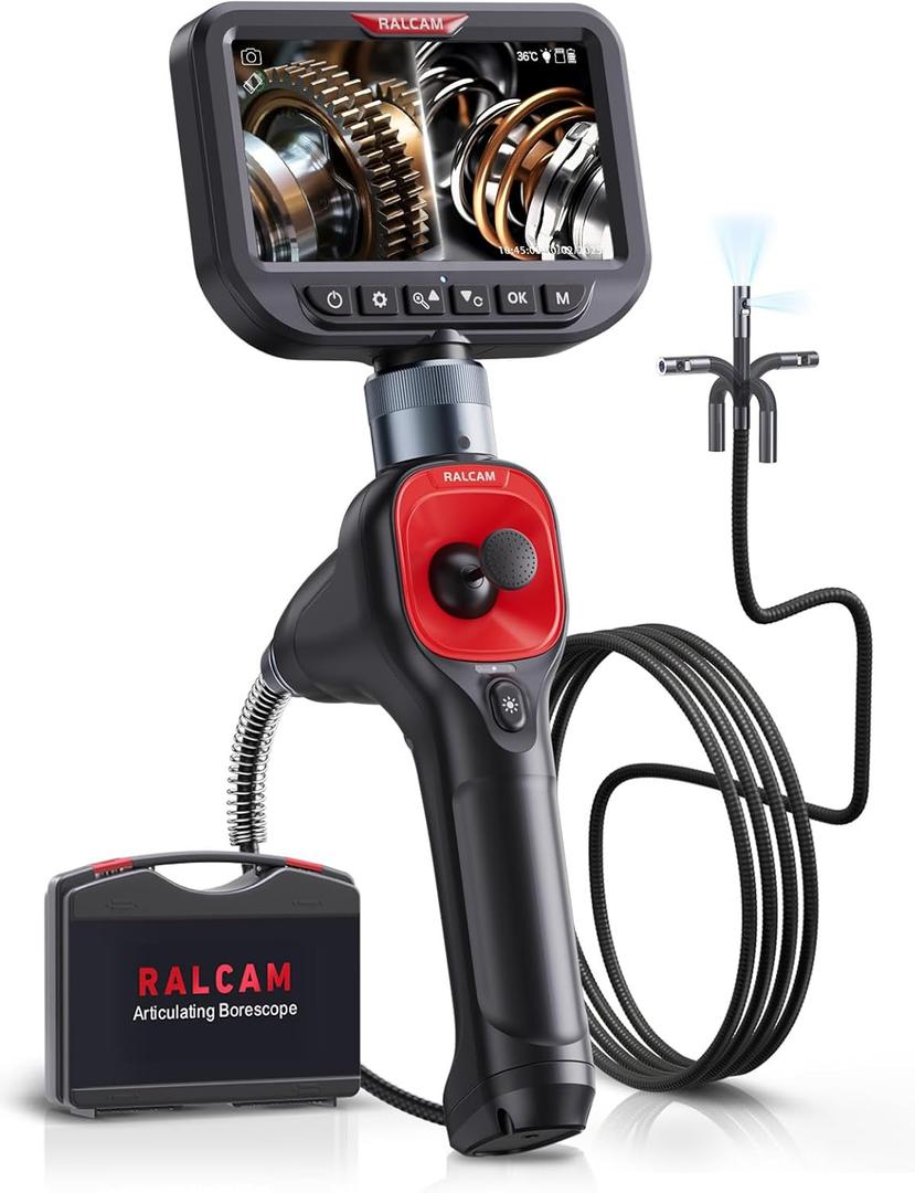 Ralcam 360 Articulating Borescope Dual Lens, 5'' Joystick 4 Ways Industrial Endoscope Camera with Light, 6.5mm Slim Probe, 5.0FT Semi-Rigid Snake Inspection Camera for Automotive Mechanics