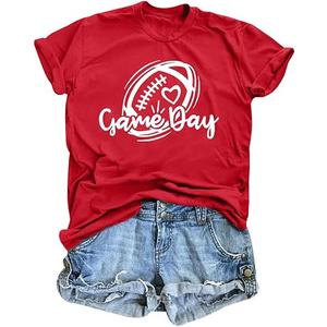 Game Day Shirt Women Cute Football T Shirt Bleached Rugby Ball Graphic Tee Sunday Casual Short Sleeve Tops Bright Red, XL