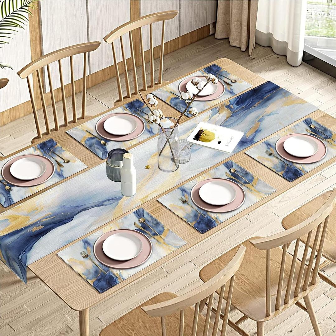 Emvency Marble Gold Blue Stone Table Runner and Placemats Set of 6,Golden Geometric Abstract Painting Art Dining Decor for Daily Use(1 Table Runner 72 inches Long and 6 Placemats)