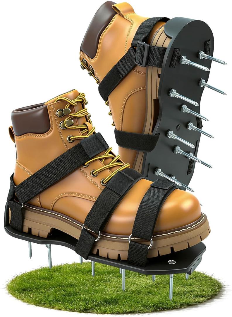 Lawn Aerator Shoes for Lawn, Soil Yard Aerator Tool with Hook & Loop Straps for Effectively Aerating, One Size Fits All Free-Installation Lawn Shoes for Yard Garden Patio Grass (Black)