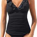 Womens Two Piece Swimsuits - Ruffle Flounce Tankini Tummy Control Bathing Suits V Neck Swimwear (Medium, Black 01)