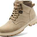 ANJOUFEMME Womens Comfy Outdoor Hiking Boots-Low heels Combat Ankle Boots for Women Non Slip Lace up Winter Shoes for Backpacking Trekking Walking (6, Beige)