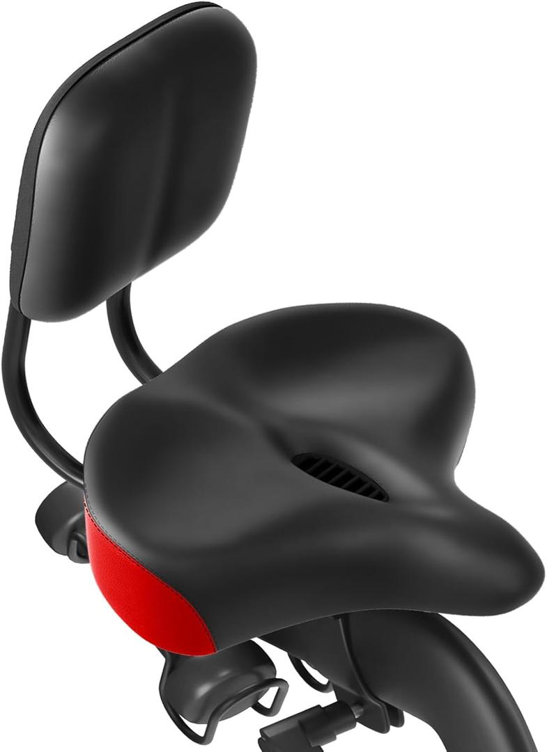 MOONCOOL Oversized Bike Seat with Adjustable Backrest, 12"  12" Wide Padded Saddle for Bicycles, Tricycles & Exercise Bikes, Memory Foam & Shock-Absorbing, Waterproof PU, Fits 7/8" Seat Posts (Black w/ Red)