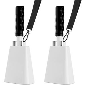 cyrico Cow Bell, 2 Pack Cheering Cowbells for Sporting Events, 10 Inch Large Cow Bells Noise Makers, Solid White Steel Hand Bell Chimes Alarm for Football Games, School, Percussion Musical Instruments