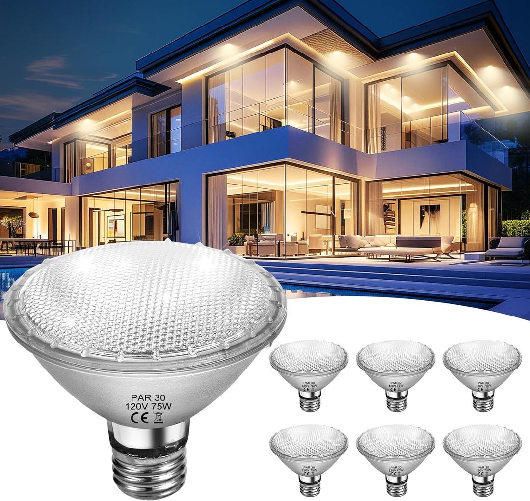 PAR30 Short Neck 75W, 6 Pack PAR30 Halogen Flood Light Bulbs, 2700K, Dimmable, Long Lasting PAR30 Light Bulb 120V with E26 Base for 5-6in Recessed/Ceiling Cans/Accent/Tracking Lighting