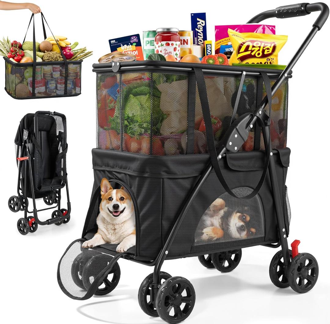Keoslpy Upgraded Folding Shopping Cart & Pet Stroller 99 LB, 2-in-1 Personal Portable Shopping Cart with Removable Basket & Lower Dogs Stroller for Groceries, Laundry, Camping Pet Traveling