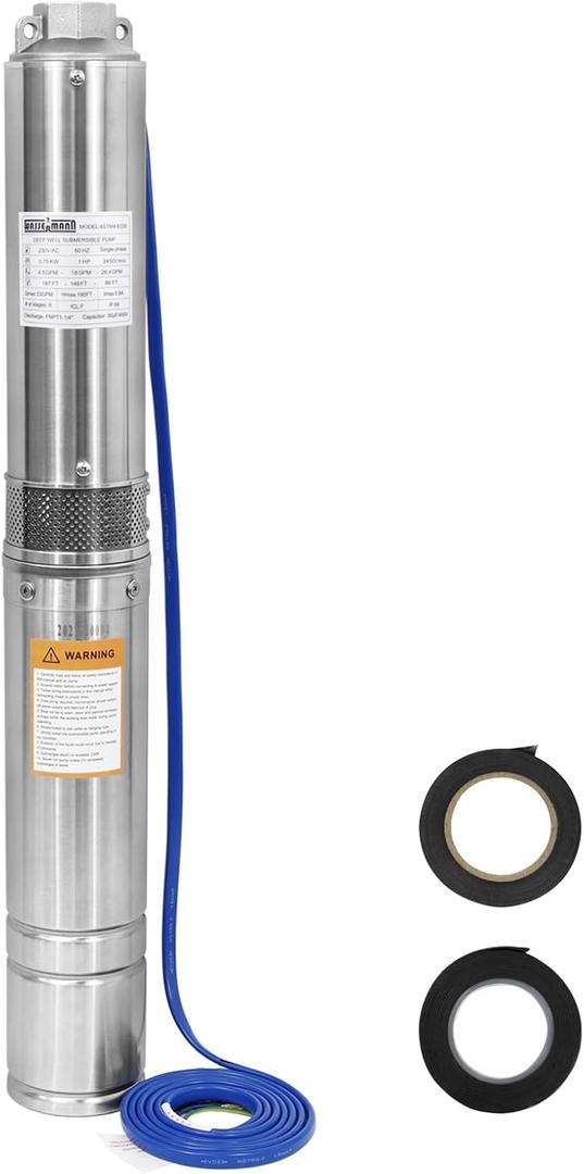 WASSERMANN 4" Deep Well Submersible Pump with 10FT Cable,1HP,220V/60HZ,33GPM,190FT Head,Stainless Steel Submersible Well Pumps Borehole Water Pump for Home, Factories, Irrigation, Farmland
