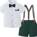 YUEMION Baby Boy Clothes Suits, Toddler Summer Formal Short Shirt+ Bowtie+ Suspender Shorts Gentleman Wedding Outfit (18-24M)