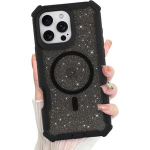 Bonoma for iPhone 16 Pro Max Case, Sparkly Glitter Bling Back, Magnetic Support for MagSafe Shockproof Cover, Crystal and Corner High-Duty Protection for Girls Women -Black