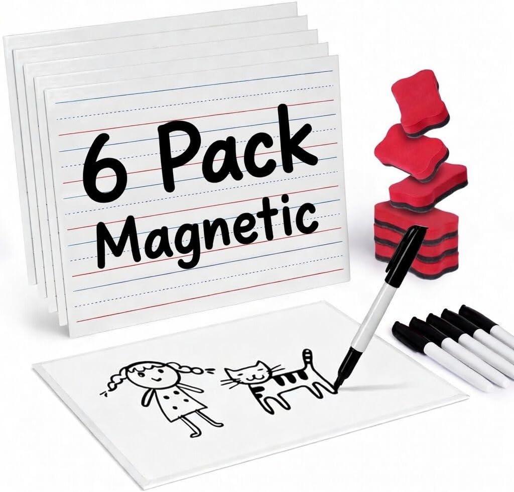 GAMENOTE Magnetic Dry Erase Lap Boards for Kids, 9x12 Double-Sided Lined and Blank Whiteboards with Markers & Erasers, Small Classroom and Homeschool Writing Board, 6 Pack