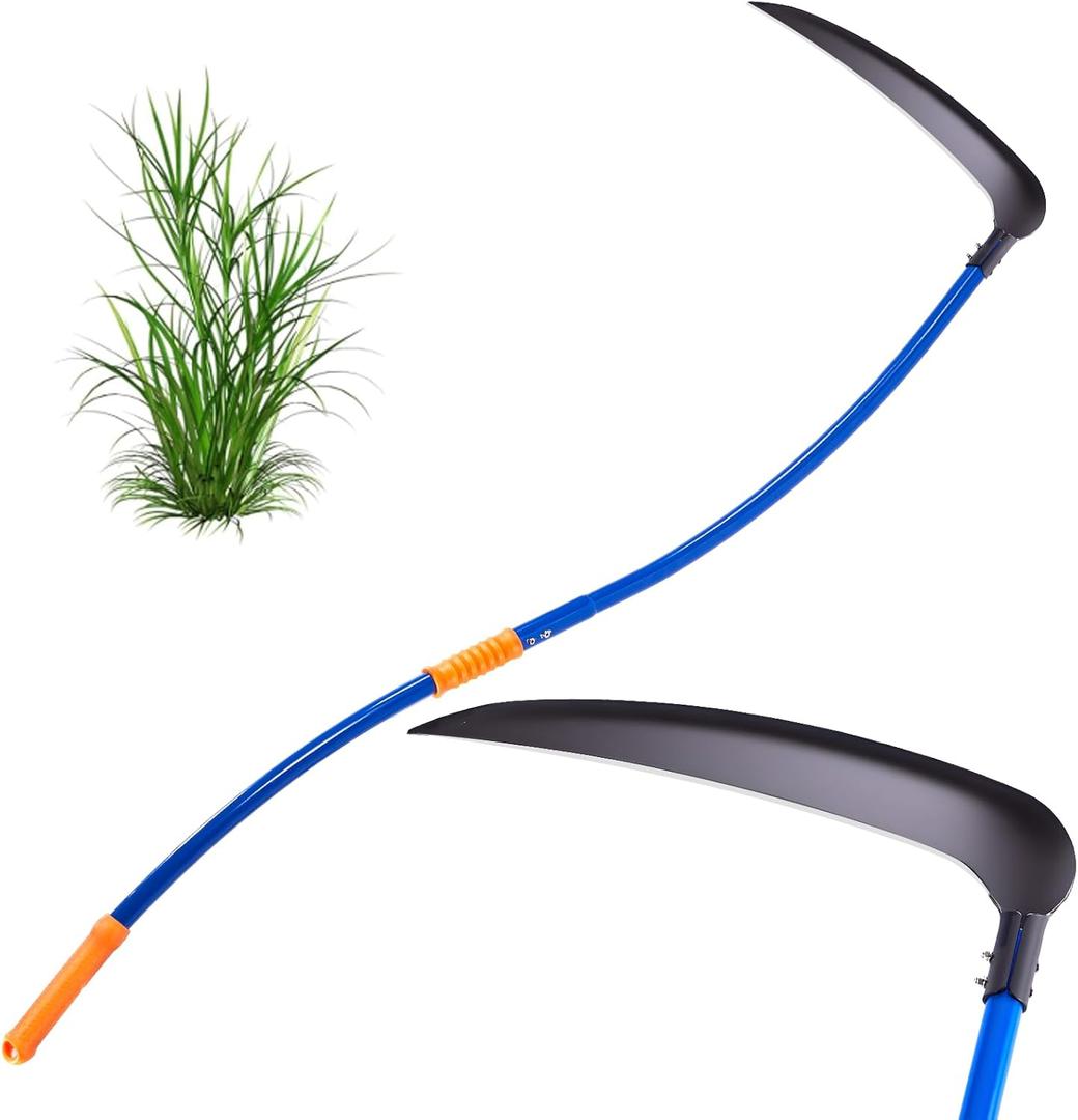 20'' Scythe Tool for Grass Cutting, Unique Curved Stainless Steel Pole, Adjustable Dual-hand Grip, Professional-Grade Blade, for Clearing Bushes, Vines, Fields, Ditches, Paths, Landscaping, 61in.