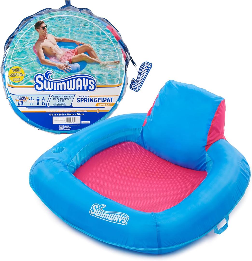 SwimWays Spring Float Premium SunSeat Pool Chairs, Inflatable Pool Floats Adult with Fast Inflation for Ages 15 & Up (Sunseat Pool Chair Blue/Pink (New Version))