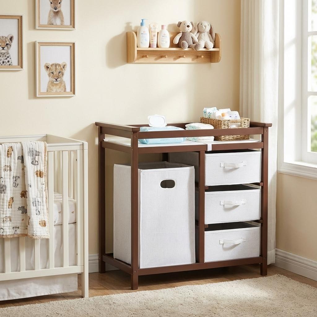 GarveeHome Modern Baby Changing Table with Laundry Hamper & 3 Drawers