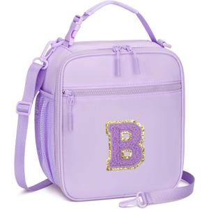 Initial Insulated Lunch Bag for Girls Kids, Back to School Gift, Reusable Leak-proof Lunch Box with Adjustable Strap for School Daycare Travel Picnic (Purple,B)