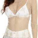 Mesh Lace Long Sleeve Layering Top for Women Mock Neck See Through Floral Shirt Tops(Beige,S) (White, S)