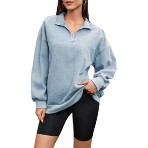 Women's Half Zip Denim Sweatshirts Fashion Long Sleeve Shirt Jean Pullover Hoodies (X-Large, Light Blue)