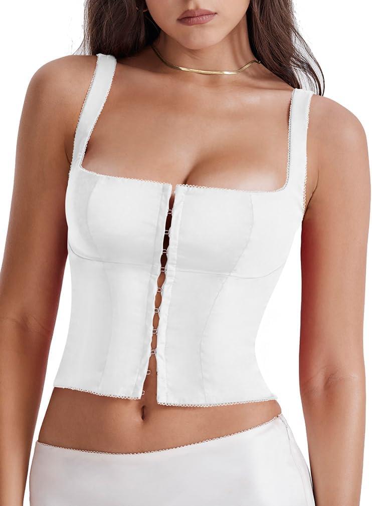 LAGSHIAN Women's Sleeveless Square Neck Double Layer Crop Top Central Single Row Clasp Trendy Tank Top (White, L)