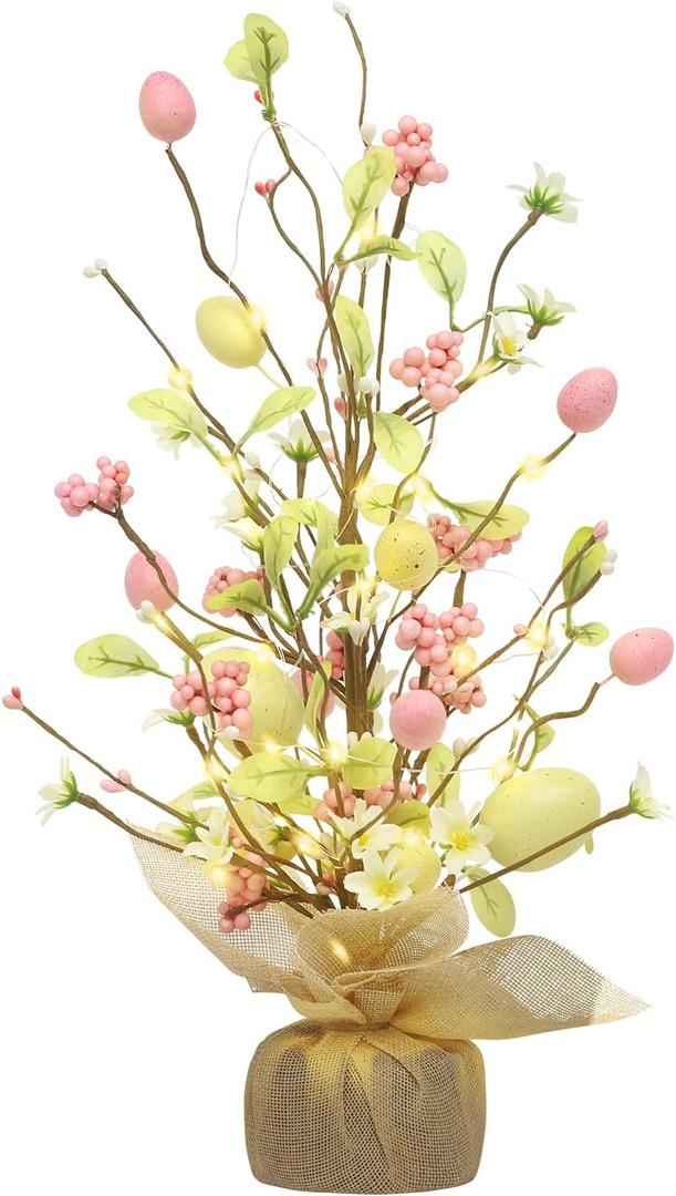 RoseCraft Easter Decorations, 18 Inch Pre-Lit Easter Egg Tree Tabletop Decor with Delicate Ornaments, for Home Party Wedding Holiday Spring Summer Decoration, Yellow/Pink.