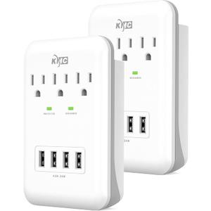 KMC 3-Outlet Wall Mount Surge Protector, 900 Joules, 4 USB 4.8 AMP USB Charging Ports, Phone Holder Cradle for Home, School or Office, ETL Certified (2 Pack)