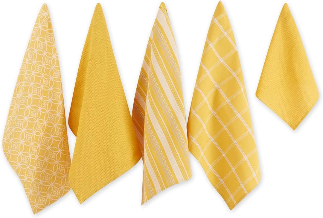 DII Assorted Woven Kitchen Set, Dishtowel, 18x28, Dishcloth, 13x13, Mustard, 5 Piece