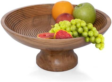 Folkulture Wooden Fruit Bowl for Kitchen Counter | 12" Large Premium Eco Friendly Banana Fruit Basket for Kitchen | Acacia Wood Bowl with Holder, Pedestal for Table Decor, Centerpiece for Dining Table