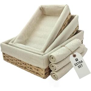 CT SUN Woven Storage Baskets for Shelves, 3-Piece Shallow Paper Rope Bins with 2 Sets of Liners (Cream & Daisy Print), Wicker Style Trays for Pantry, Bathroom, Kitchen Counter, Bread & Nursery
