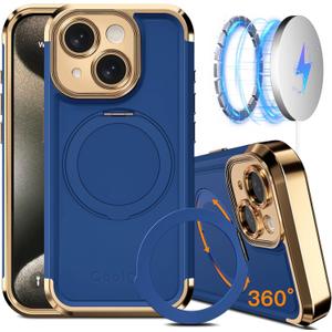 COOLQO for iPhone 15 Case 6.1'' Upgraded 360 Spin Magnetic Stand [Compatible with Magsafe][Military Protection] Plating Matte Scratch-Resistant Back Protective Shockproof Phone Case, Blue Gold