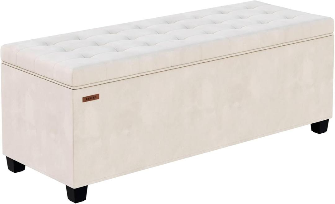 Velvet Storage ottoman bench with legs,43.5W x 15.7D x 15.7H,metal frame end of bed bench hold up to 770 LB,Large Storage Chest hold up to 770 LB,White UASND623W
