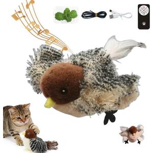 Flappy Fella Flying Bird Cat Toy with Realistic Chirping & Minty Scent - Interactive Cat and Owner Play, Boredom Relief Meow Chase Toy, Durable & Bite-Proof for All Cats (2.0-Sparrow)