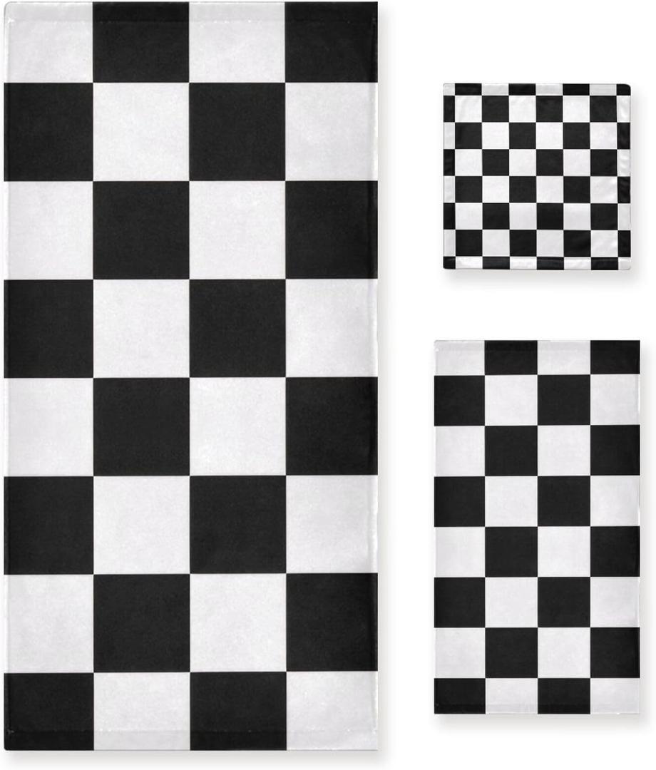 Checkerboard 3-Piece Towel Set  Soft Lightweight Bath, Hand & Washcloth Towels, Quick Dry & Absorbent for Bathroom, Spa, Gym, Travel