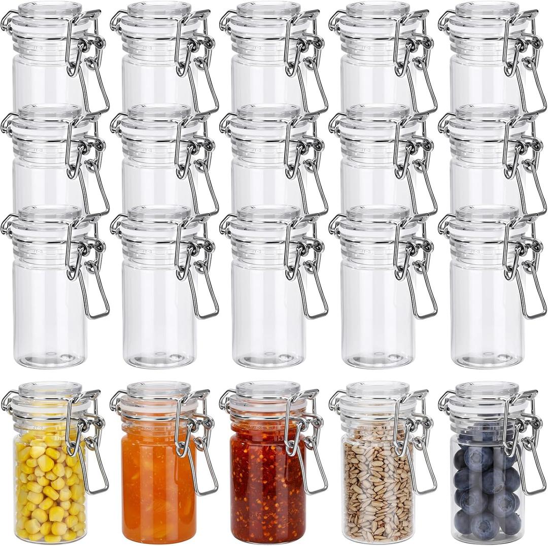 Suclain 20 Pcs 3 oz PET Plastic Storage Jars with Airtight Hinged Lid Mini Sealed Clear Wide Mouth Spice Jar Empty Round Leak Proof Canning Storage Containers for Sugar Jam Sauces Herbs Coffee