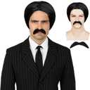 Wiggy Mermaid Black Wig and Mustache Set Mens Short Black 70s 80s Wig + Wig Cap for Halloween Costume Disco Theme Party Cosplay