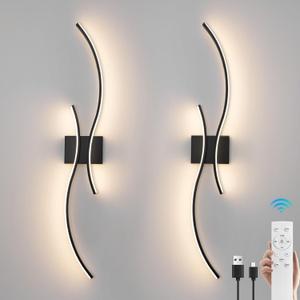 Battery Operated Wall Sconces Set of 2Rechargeable Dimmable Battery Operated Wall Sconce with Remote Control3000K-6500K LED Black Wireless Wall Light for Living Room Bedroom Hallway31.5inch (Black)