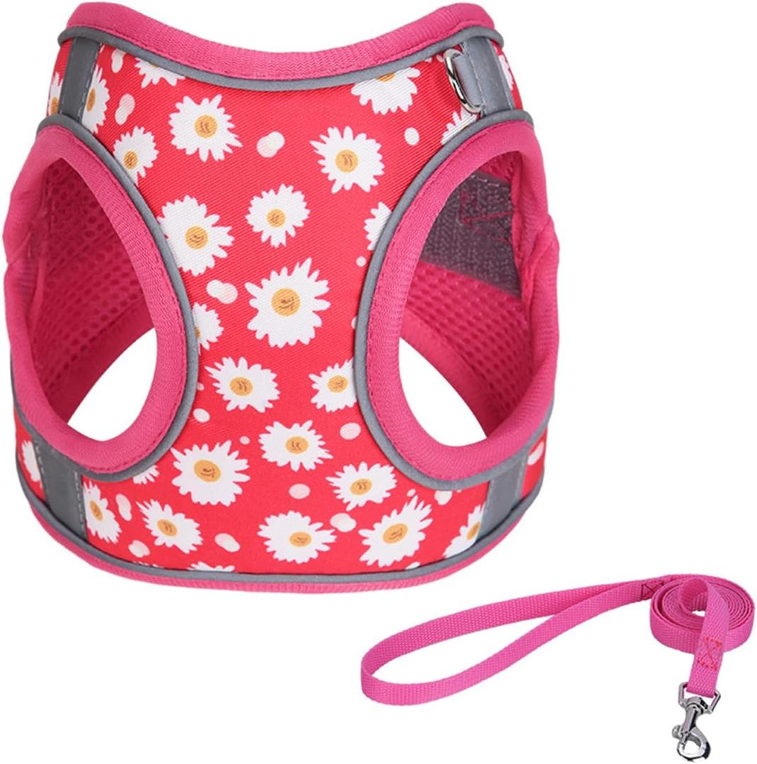 Step in Dog Harness No Pull Flower Adjustable Soft Mesh Padded Reflective Pet Vest Harness and Leash Set for Small Medium Dogs (S(neck:10.5"-12",chest:13.5"-16"), Rose red)