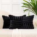 All Smiles Couch Decorative Throw Pillow Covers 12X20 Set of 2 Faux Fur Plush Soft Fluffy Lumbar Cushion Case Cozy Fuzzy Striped Pillowcase Home Decor for Bed Sofa Living Room,Black