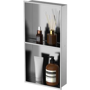Homevacious 12"24" Stainless Steel Shower Niche No Tile Needed Brushed Nickel Double Shelves Bathroom Shelf Rimless Recessed Wall Niche for Bathroom Storage