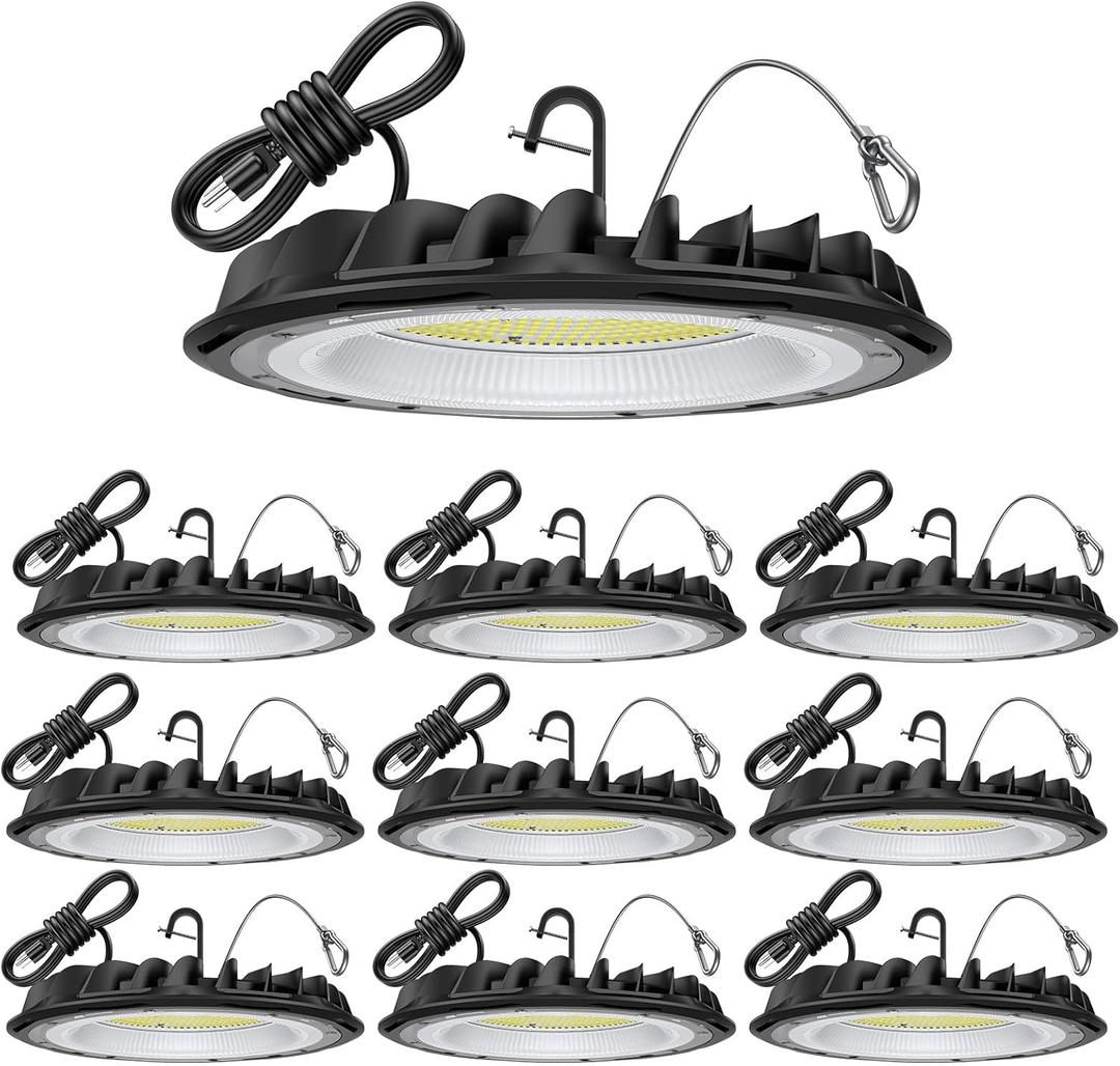 hunhun 10 Pack ETL 155W UFO LED High Bay Light, 22500lm, Daylight 5000K, US Plug,110-277V, IP65 Waterproof Commercial LED Shop Lights for Workshop Factory Barn Warehouse, Garage ETL Listed