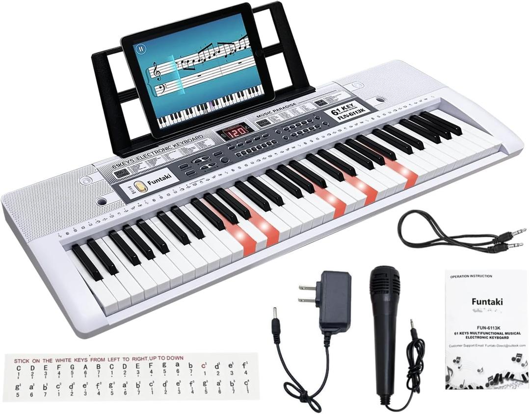 61 Key Electronic Keyboard Piano with Lighted Up Keys, Musical Mini Keyboard Piano with keyboard stand, Digital Portable Synthesizer Keyboards for Beginners Kids Adults (white)
