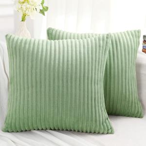 Simmore Decorative Christmas Throw Pillow Covers 18x18 Set of 2, Soft Natural Plush Flannel Double-Sided Fluffy Couch Pillow Covers for Sofa Living Room, Sage Green
