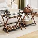 Fully Assembled Walnut Luggage Racks Set of 2, Bamboo 26.77" Luggage Rack Stand for Guest Room, 5 Nylon Straps, Foldable Suitcase Stand with Storage Shelf for Bedroom Hotel, Holds up to 165 Lbs
