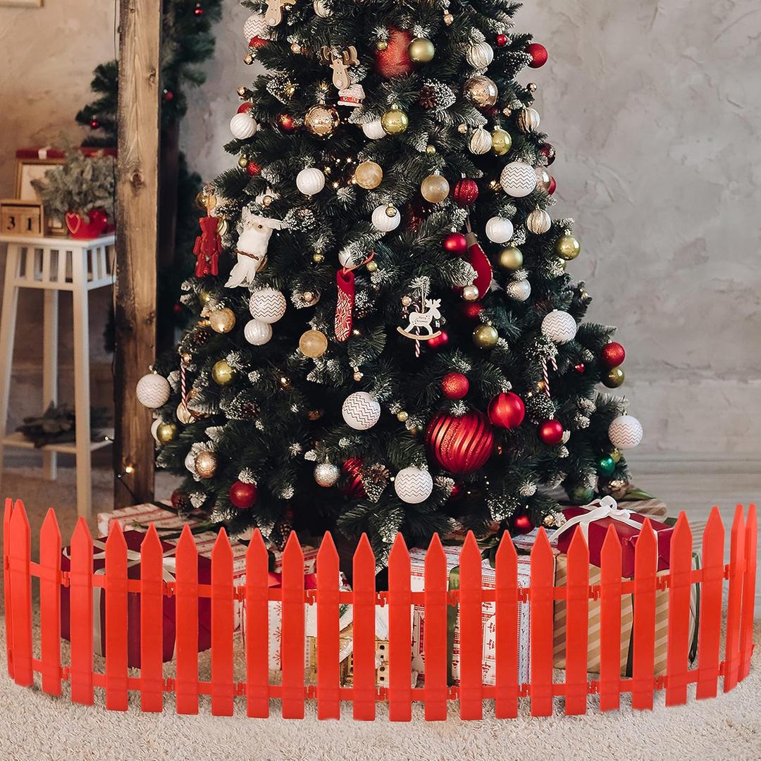 30PCS Christmas Tree Fence Red with Gold Glitter Plastic Picket Fence Gate for Pets Kids Dogs Heavy Duty Anti-Fall Indoor Outdoor Grass Lawn Decoration Fences for Home Wedding Garden Party
